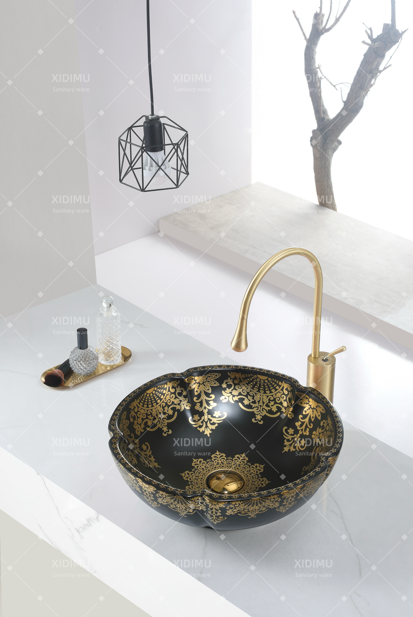 Matt black with gold design art basin kitchen sink motel wash basin