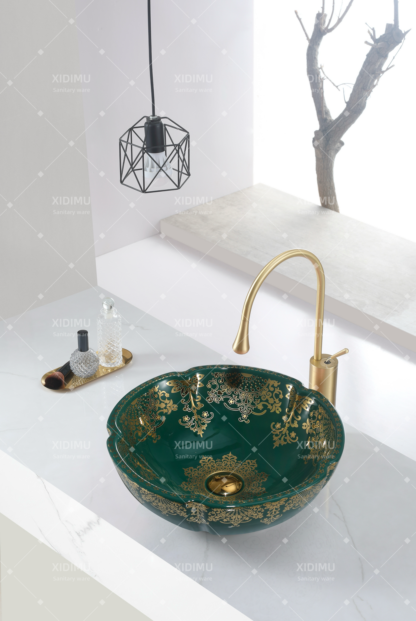 Glossy green with gold design art basin kitchen sink motel wash basin retro style countertop  basin
