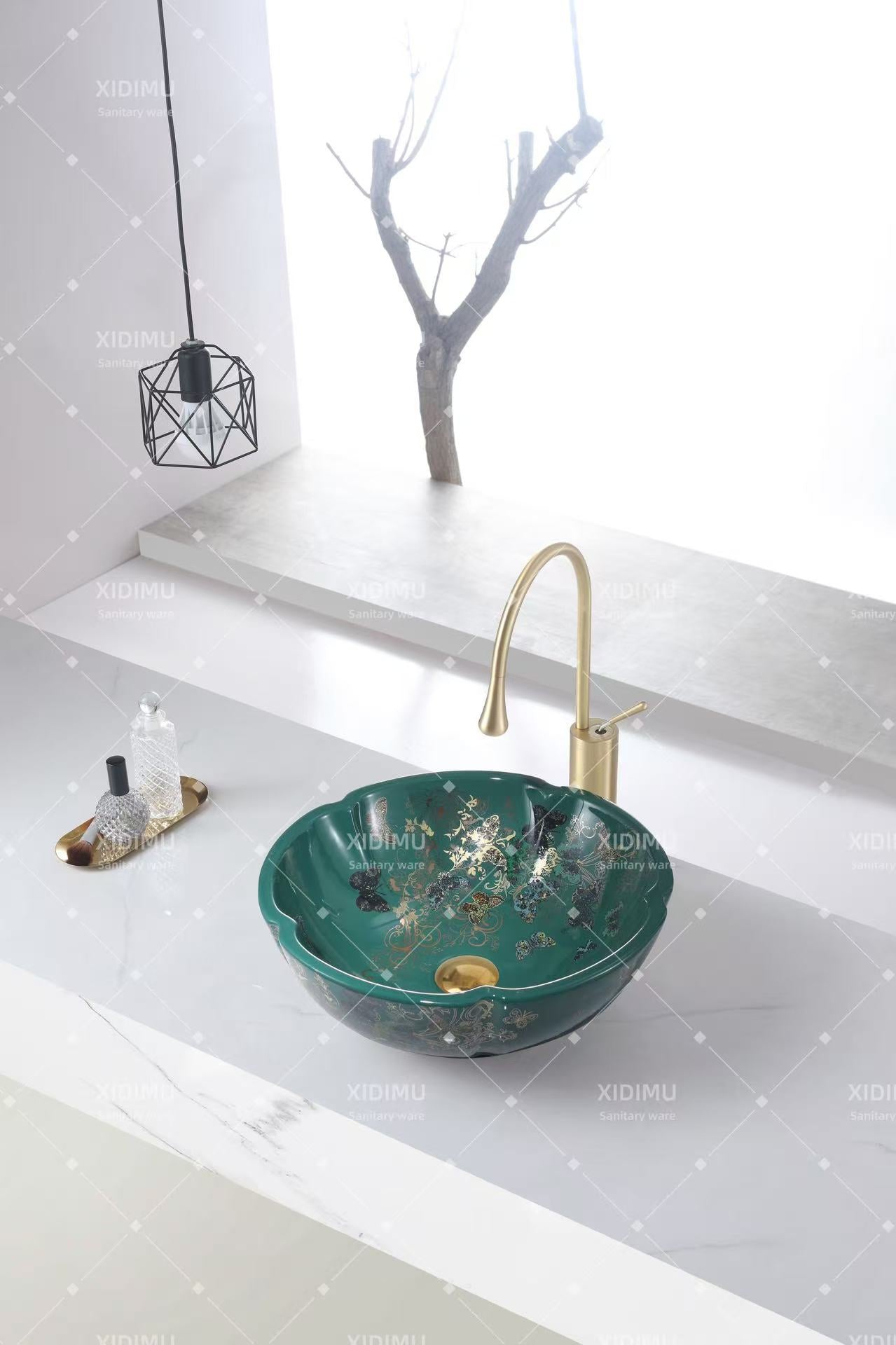 Glossy green art basin countertop basin kitchen sink  flower wash basin with butterfly