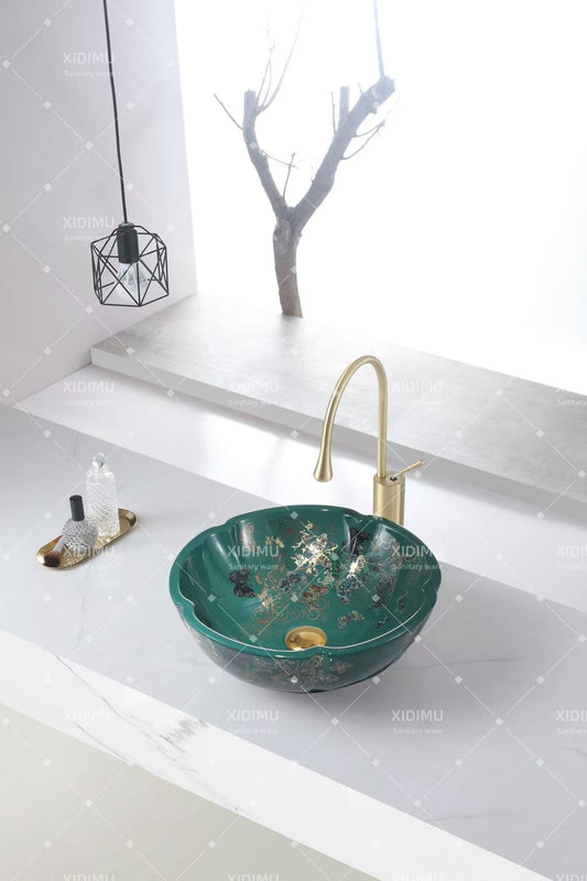 Glossy green art basin countertop basin kitchen sink  flower wash basin with butterfly