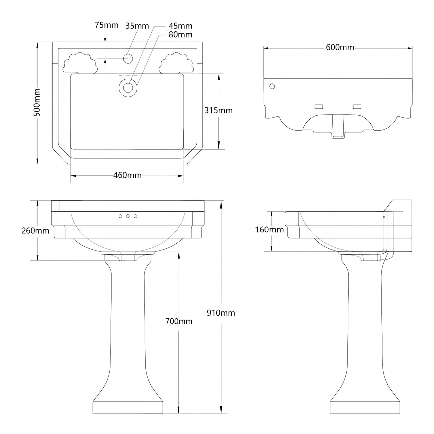 British style ceramic pedestal sink freestanding wash basin