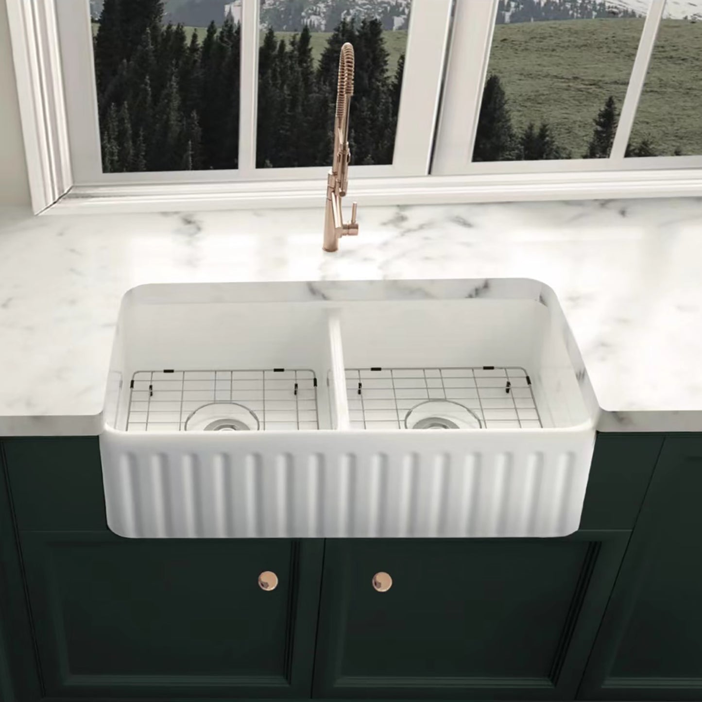 Ceramic double kitchen sink 33 inches double basin