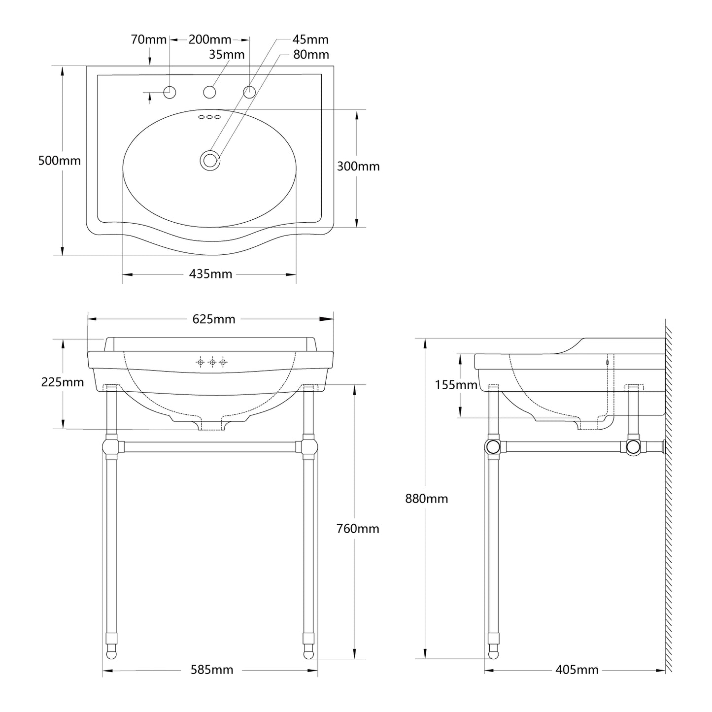 Console sink ceramic basin and 304 stainless steel support